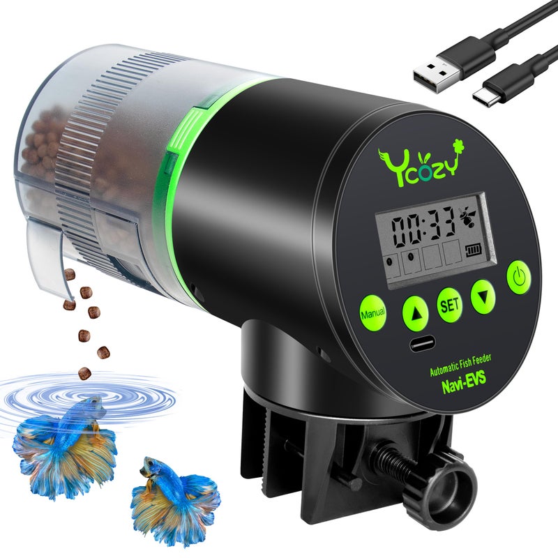 Ycozy Automatic Fish Feeder Rechargeable with Type-C Cable Fish Feeder Automatic Dispenser for Vacation Small Tank/Betta/Turtle Upgraded Moisture-Proof Container - Image 1